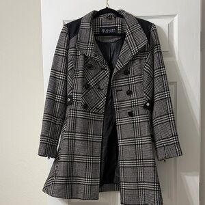 GUESS Women's Black and White Checkered Trench Coat